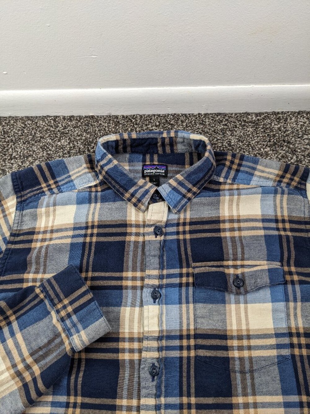 2019 Patagonia Shirt Fjord Flannel L/S Button Up Blue Plaid Mens Large
